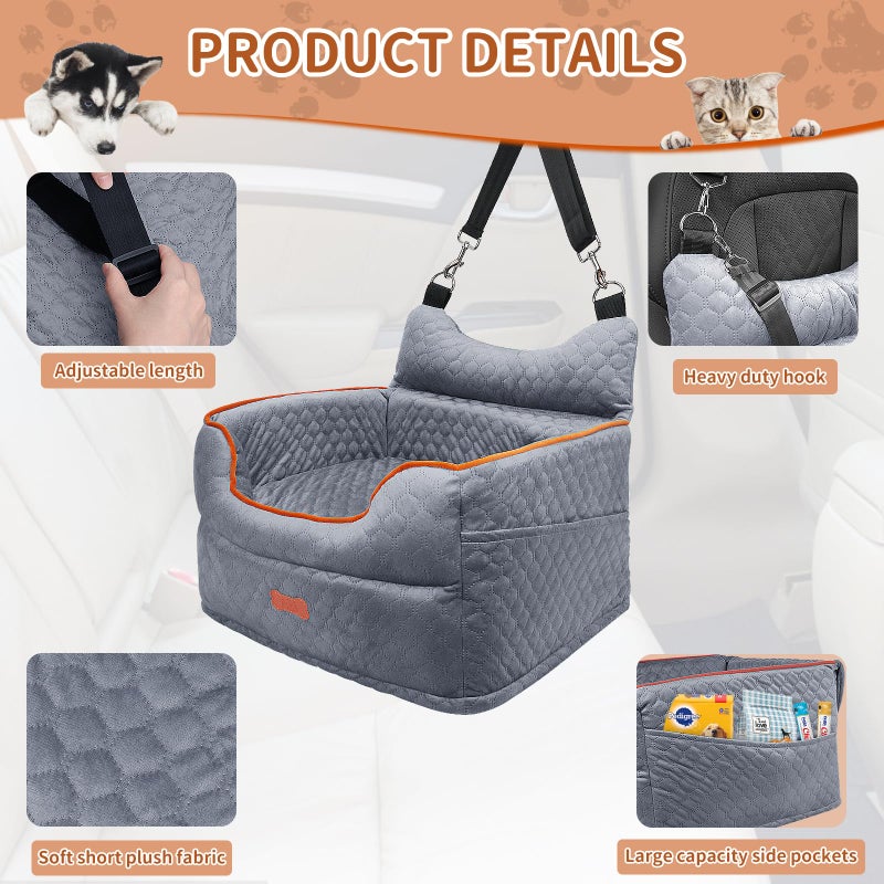 EUHAMS Dog Car Seat - Memory Foam Dog Booster Seat for Small Dogs Up to 25lbs-Elevated Pet Car Seat with Storage Pockets and Dog Seat Belt-Soft Pet Travel Bed for Front & Back Seats-Removable Washable-Grey - Image 4