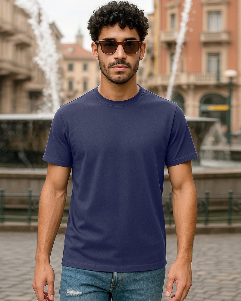 bewakoof Plain Blue Solid Regular Fit Men's T-shirt - Image 2