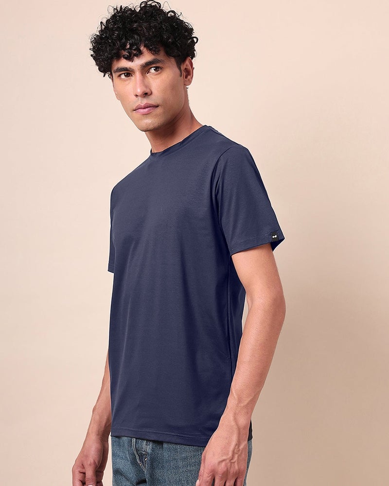 bewakoof Plain Blue Solid Regular Fit Men's T-shirt - Image 1