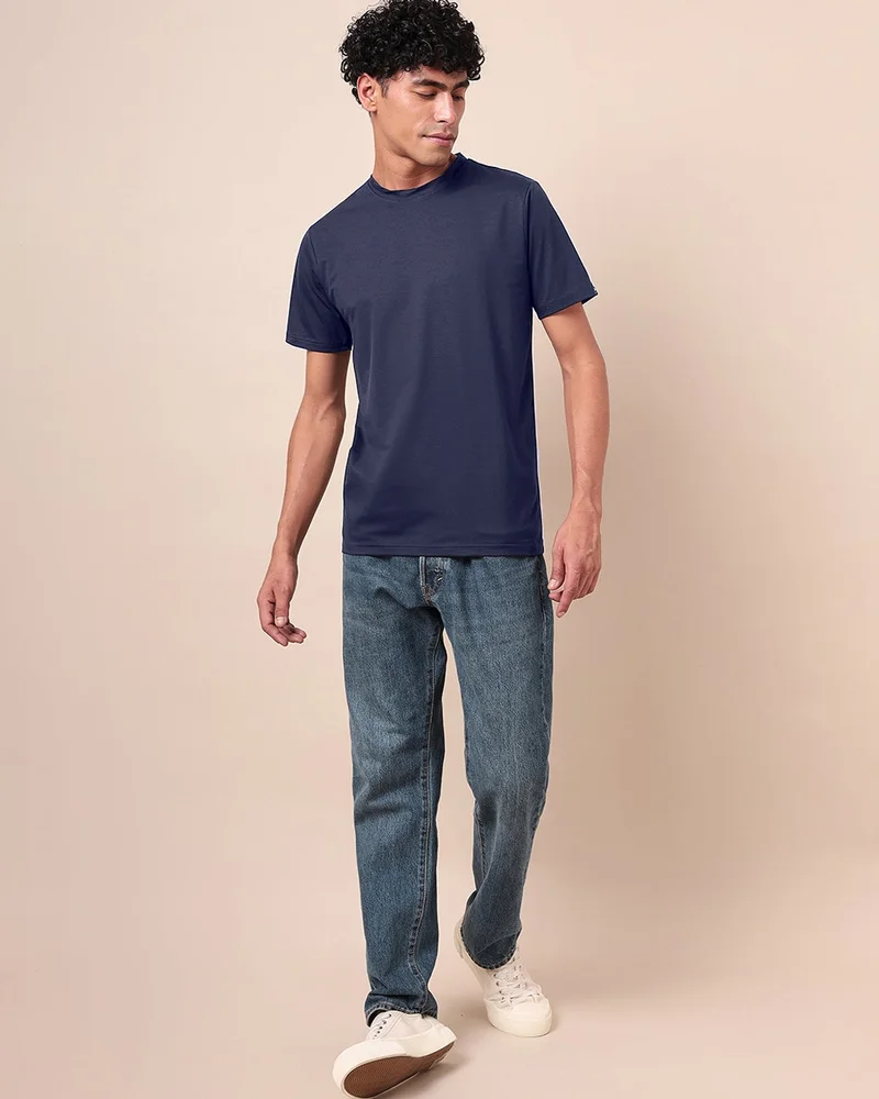 bewakoof  Plain Blue Solid Regular Fit Men's T-shirt for Men | Best Price UAE