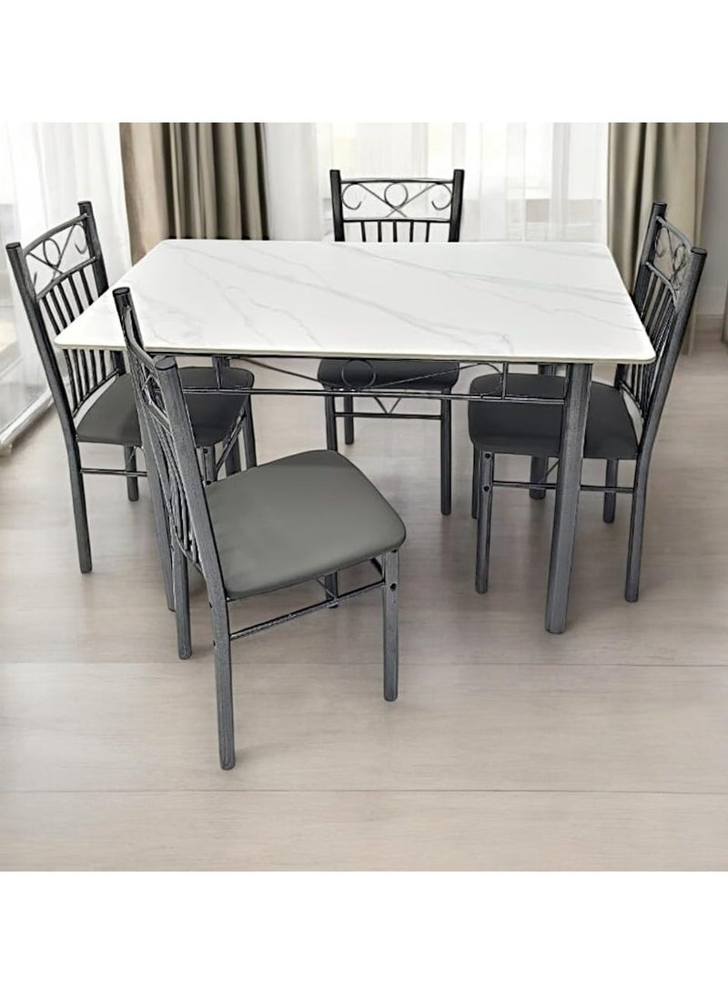 KARNAK Modern Design 1+4 DS27-White Dining Table Set with Marble Top, Stainless Steel Legs, and PVC Leather Chairs WHITE - Image 1