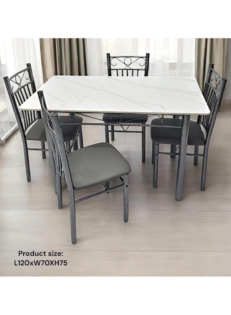 KARNAK Modern Design 1+4 DS27-White Dining Table Set with Marble Top, Stainless Steel Legs, and PVC Leather Chairs WHITE - Image 3
