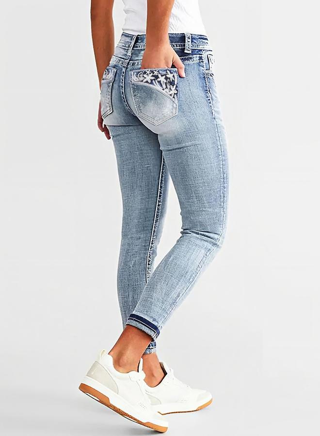 Take Two Slim Fit Faded Jeans with Floral Print Pocket - Image 2