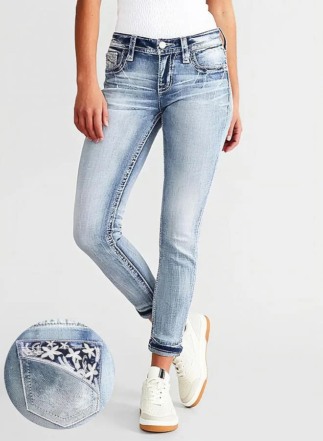 Take Two Blue Take Two Slim Fit Faded Jeans with Floral Print Pocket for Women | Best Price UAE