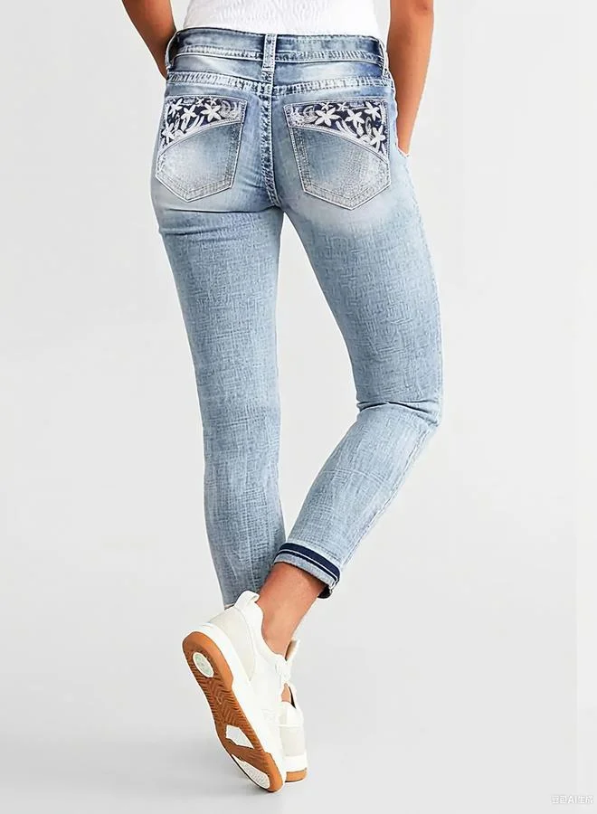 Take Two Blue Take Two Slim Fit Faded Jeans with Floral Print Pocket for Women | Best Price UAE
