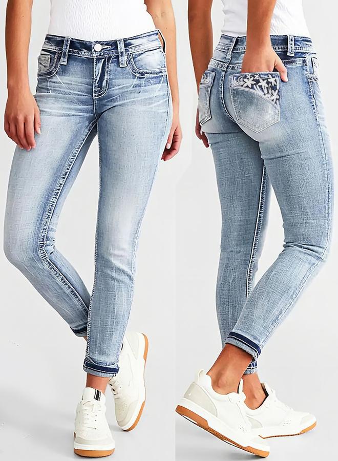 Take Two Slim Fit Faded Jeans with Floral Print Pocket - Image 1