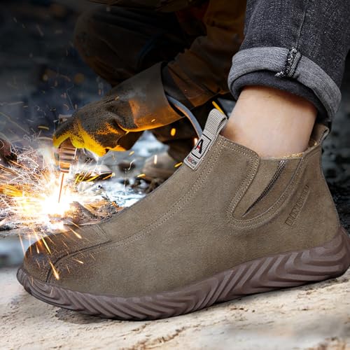 DINGGU Steel Toe Shoes for Men Welding Mens Work Shoes Slip On Comfortable Safety Composite Toe Construction Boots Brown 10 - Image 5
