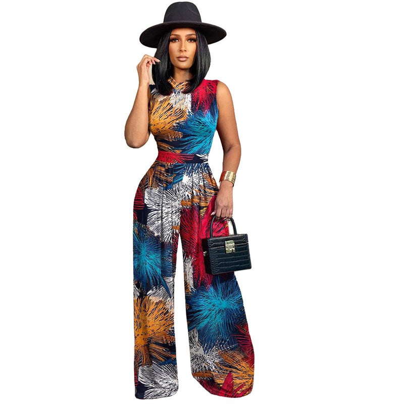 D9423 Women's Fashion Pattern Printed Sleeveless Jumpsuit + Wide Leg Pants Set - Image 5