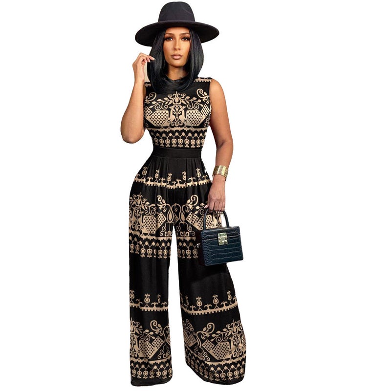 D9423 Women's Fashion Pattern Printed Sleeveless Jumpsuit + Wide Leg Pants Set - Image 1