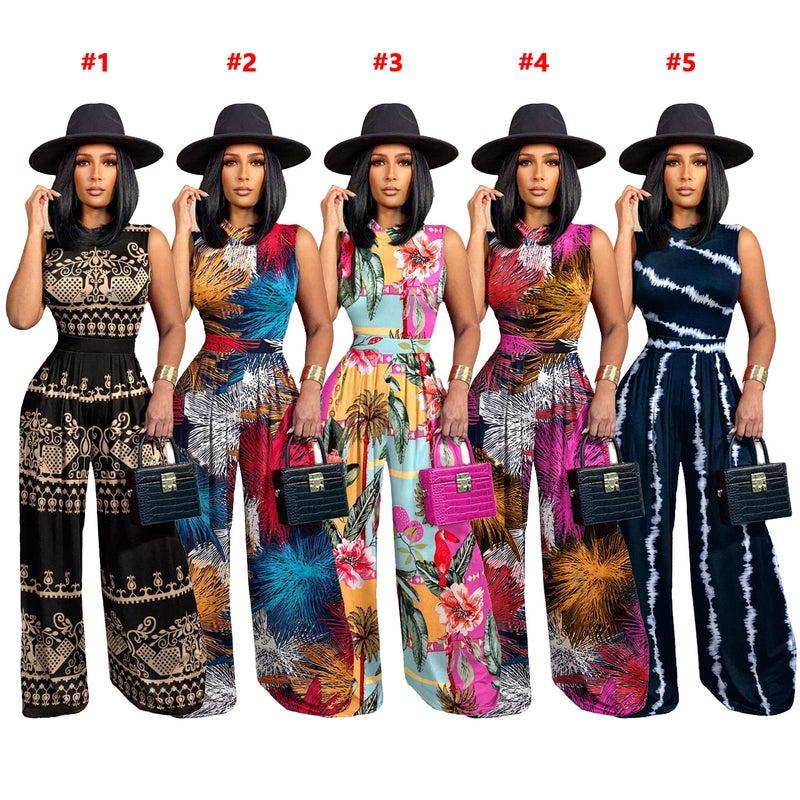 D9423 Women's Fashion Pattern Printed Sleeveless Jumpsuit + Wide Leg Pants Set - Image 2