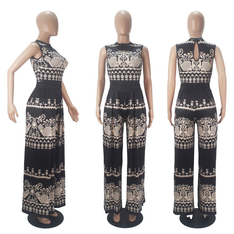 D9423 Women's Fashion Pattern Printed Sleeveless Jumpsuit + Wide Leg Pants Set - Image 3