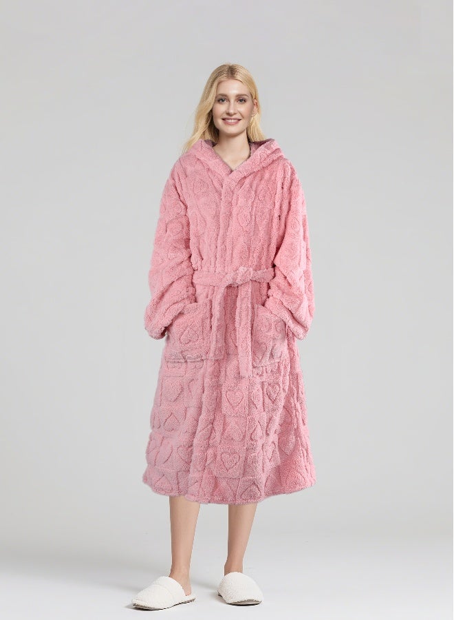 ايست من نون رداء حمام طويل بغطاء رأس من الجاكار - 260 جرامًا للمتر المربع مصنوع من البوليستر الناعم بنسبة 100% للنساء - غطاء رأس وجيب - لون وردي، مقاس صغير - Image 1