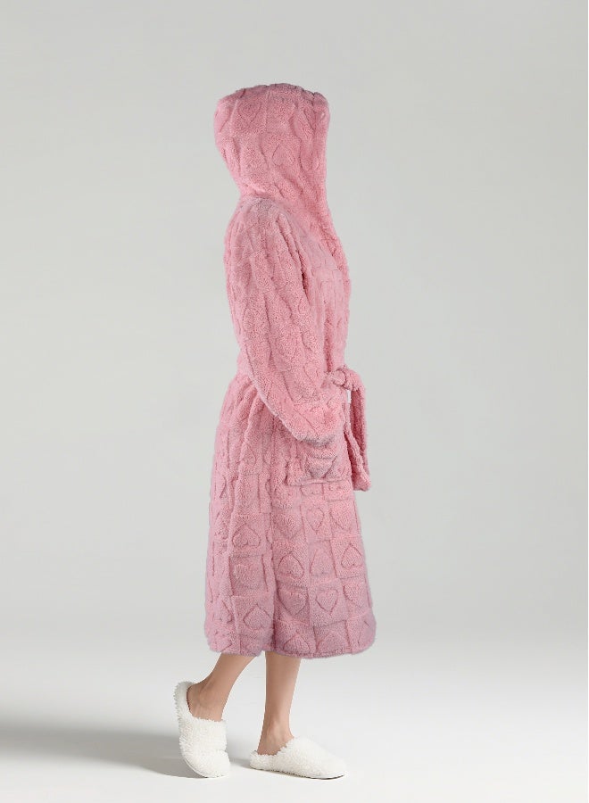 ايست من نون رداء حمام طويل بغطاء رأس من الجاكار - 260 جرامًا للمتر المربع مصنوع من البوليستر الناعم بنسبة 100% للنساء - غطاء رأس وجيب - لون وردي، مقاس صغير - Image 2