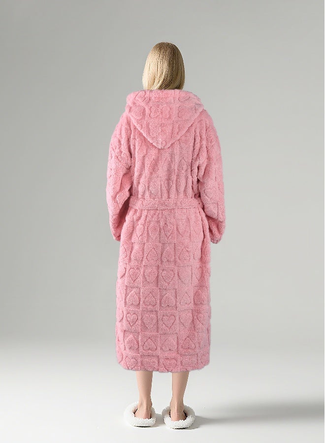 ايست من نون رداء حمام طويل بغطاء رأس من الجاكار - 260 جرامًا للمتر المربع مصنوع من البوليستر الناعم بنسبة 100% للنساء - غطاء رأس وجيب - لون وردي، مقاس صغير - Image 3