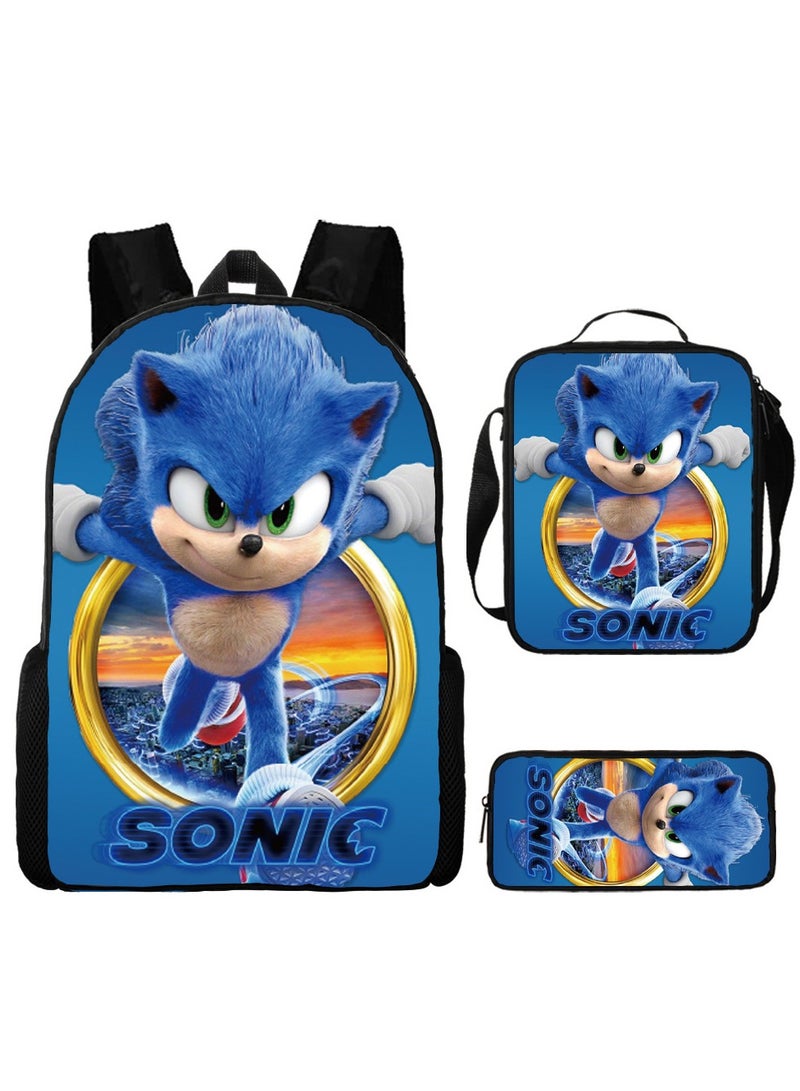 Sonic Primary School Backpack Cartoon Anime Backpack Messenger Bag Pencil Case Three-Piece Set 29*16*42cm