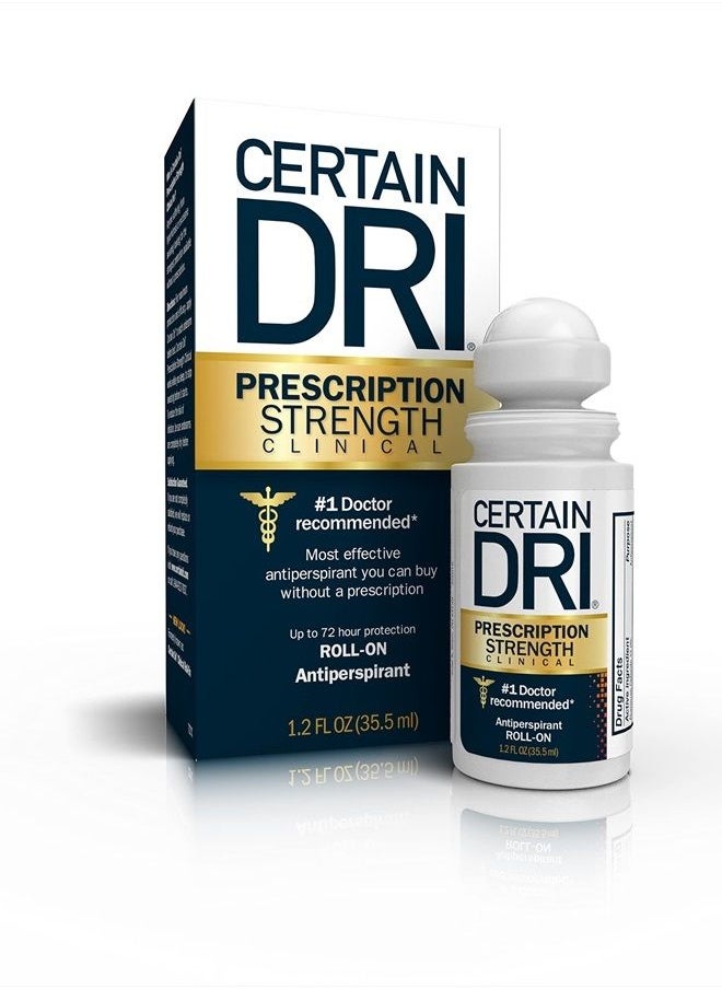 CERTAIN DRI Prescription Strength Clinical Antiperspirant Roll-On Deodorant, Hyperhidrosis Treatment for Men & Women, Unscented, 1.2 Fl oz, 1 Pack  - Image 1