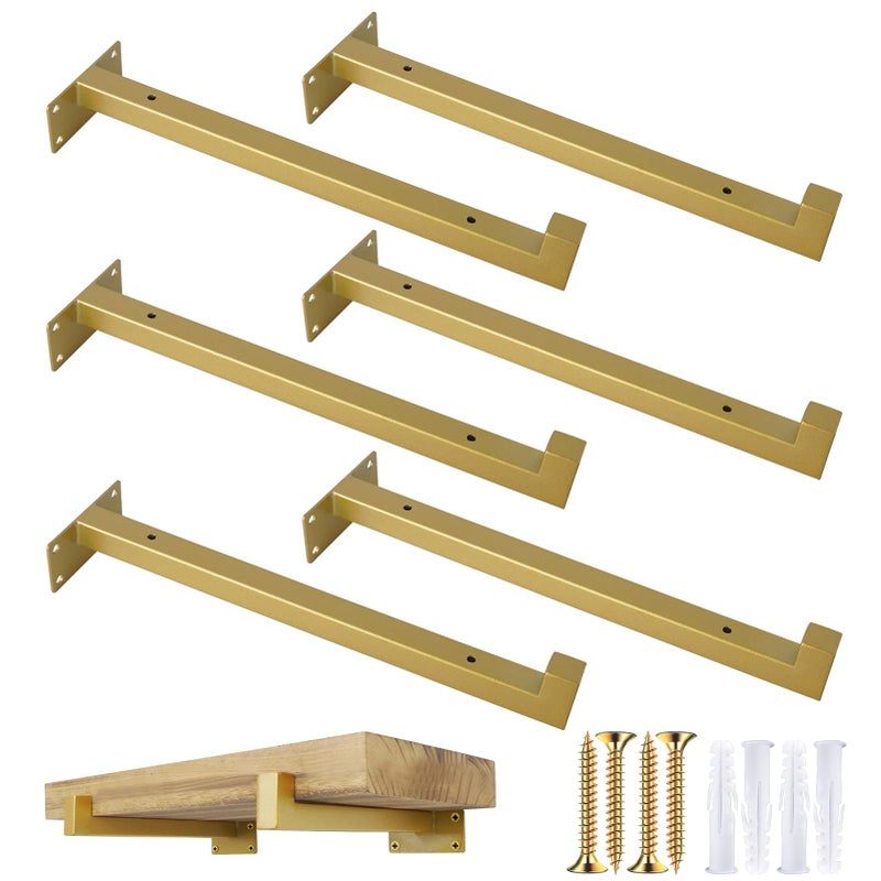 OVOV 6 Pack Gold Shelf Brackets 12 Inch Floating Shelf Bracket with Lip Industrial Shelving Brackets for Kitchen Bathroom Storage Wall Mounted Shelf Support with Screws