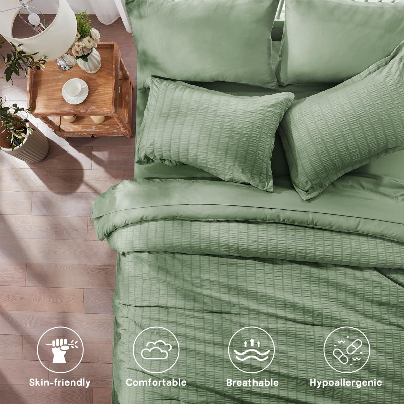 Zzlpp Queen Comforter Set 7 pieces, Sage Green Seersucker Bed in a Bag with Comforter and Sheets, All Season Bedding Sets with 1 Comforter, 2 Pillow Shams, 2 Pillowcases, 1 Flat Sheet, 1 Fitted Sheet - Image 3