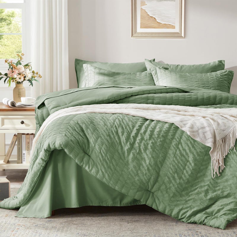 Zzlpp Queen Comforter Set 7 pieces, Sage Green Seersucker Bed in a Bag with Comforter and Sheets, All Season Bedding Sets with 1 Comforter, 2 Pillow Shams, 2 Pillowcases, 1 Flat Sheet, 1 Fitted Sheet - Image 2