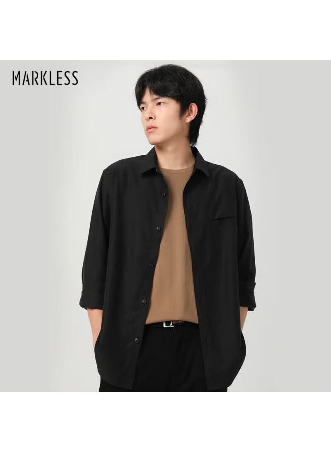 Markless Lyocell Shirt For Men, Spring And Autumn Solid Color Long-sleeve Shirt, Drape Tencel Casual Top 3508, Black, M - Image 1