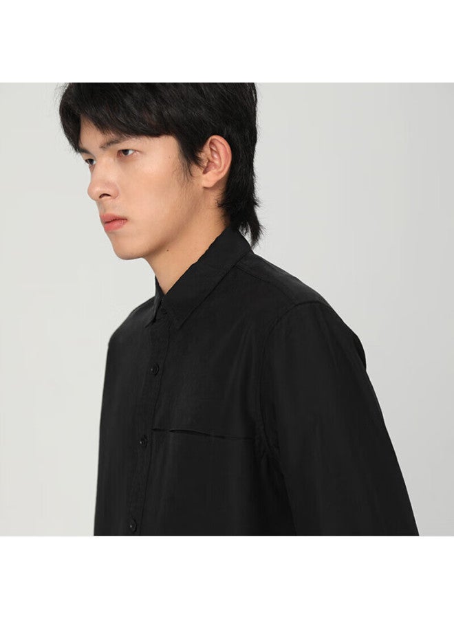 Markless Lyocell Shirt For Men, Spring And Autumn Solid Color Long-sleeve Shirt, Drape Tencel Casual Top 3508, Black, M - Image 3
