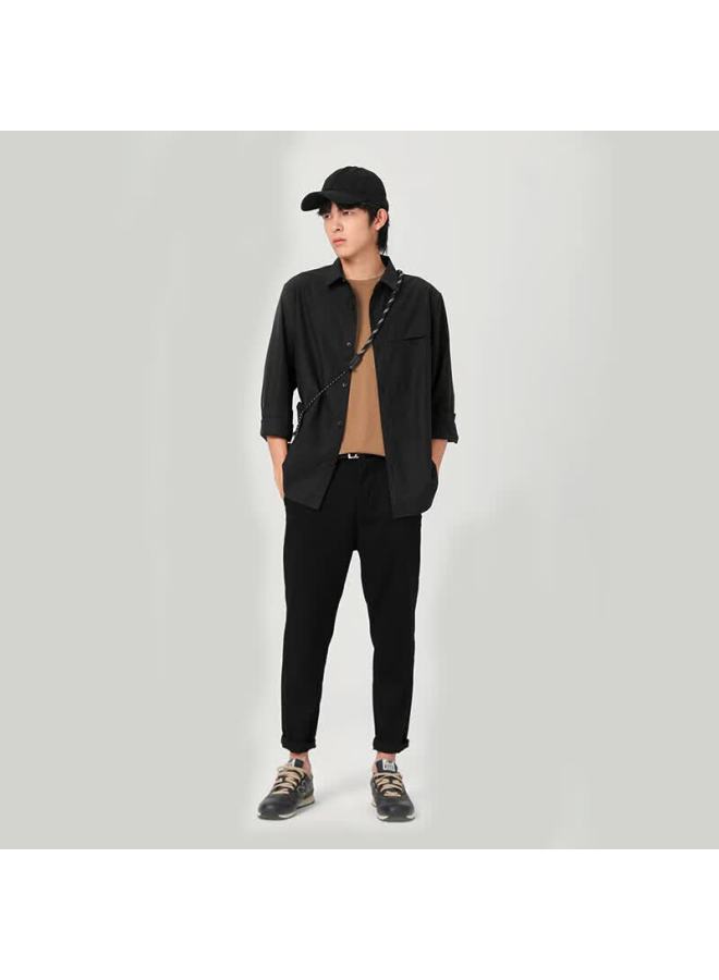 Markless Lyocell Shirt For Men, Spring And Autumn Solid Color Long-sleeve Shirt, Drape Tencel Casual Top 3508, Black, M - Image 2