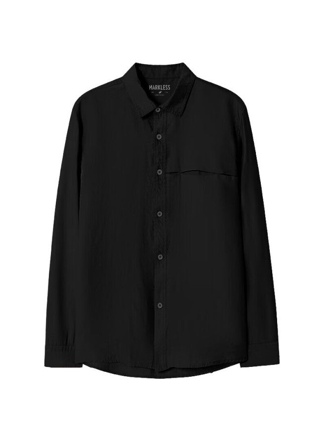 Markless Lyocell Shirt For Men, Spring And Autumn Solid Color Long-sleeve Shirt, Drape Tencel Casual Top 3508, Black, M - Image 4