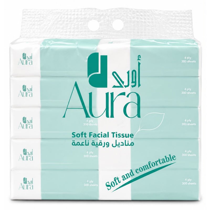 AURA Facial Tissue 10 Packs x 300 Sheets, 4 Ply Ultra Soft & Strong Tissue Paper, 100% Organic Facial Tissues for Home, Office, Car & Travel - Image 2