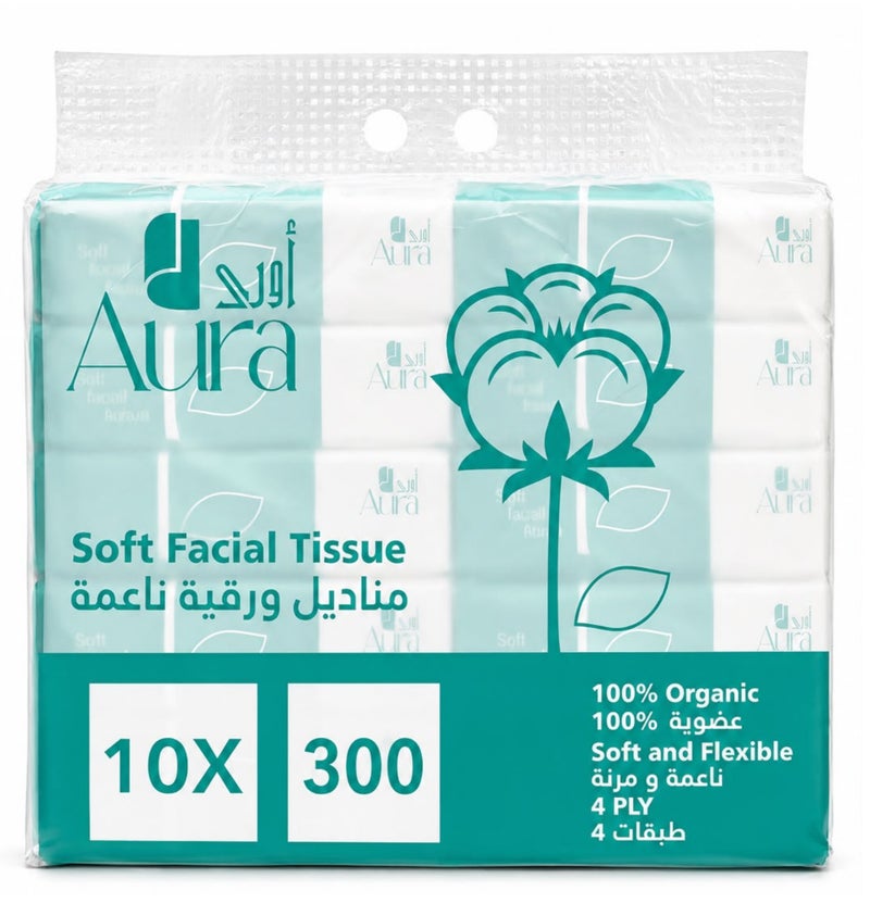 AURA Facial Tissue 10 Packs x 300 Sheets, 4 Ply Ultra Soft & Strong Tissue Paper, 100% Organic Facial Tissues for Home, Office, Car & Travel - Image 1