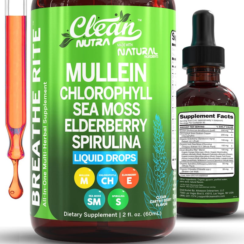 Clean Nutra Mullein Drops for Lungs Organic Chlorophyll Liquid Irish Sea Moss Spirulina Licorice Tart Cherry Lobelia Motherwort Elderberry Mullein Leaf Extract Tincture Men Women Supplement