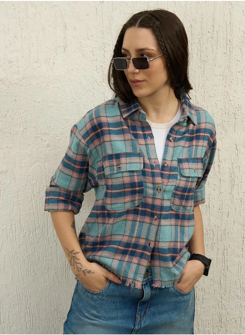 هوبرهولمي Oversized Blue Boyfriend Fit Checked Casual Shirt for Women