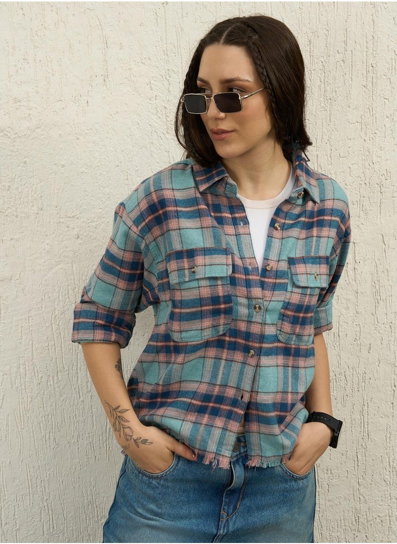Hubberholme Oversized Blue Boyfriend Fit Checked Casual Shirt for Women  - Image 1
