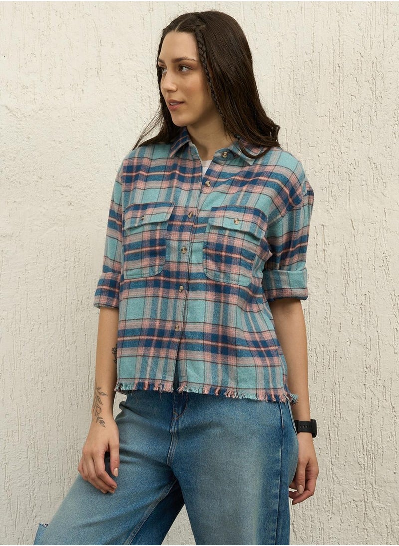 Hubberholme Oversized Blue Boyfriend Fit Checked Casual Shirt for Women  - Image 2