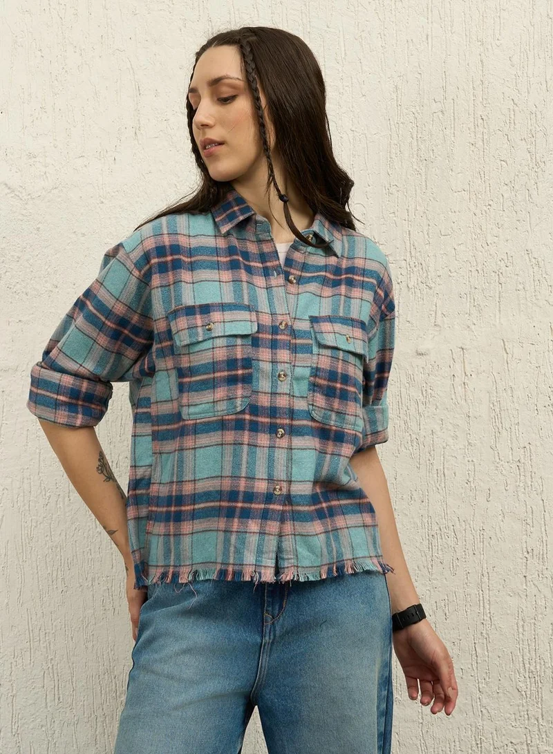 Hubberholme Oversized Blue Boyfriend Fit Checked Casual Shirt for Women