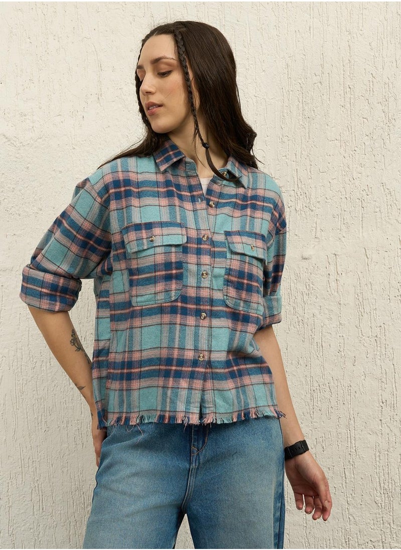Hubberholme Oversized Blue Boyfriend Fit Checked Casual Shirt for Women  - Image 3