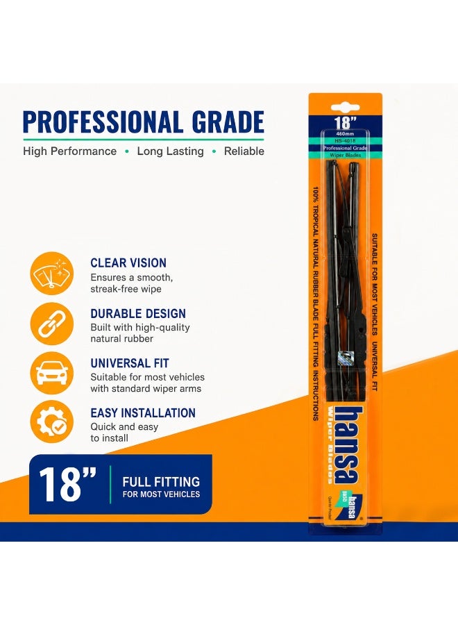 HANSA 18 Inch (460mm) Universal Car Windshield Wiper Blade Set, Premium Natural Rubber Wiper Blades, Metal Frame Windshield Wipers, All Season Rain Wiper, Streak Free Cleaning, Quiet Operation, Easy Installation, Front Glass Wiper Blades for Cars ERPCWP 10046 - Image 3