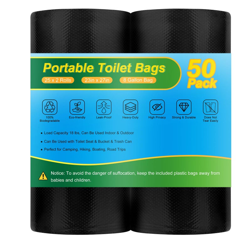 imodomio Portable Toilet Bags for Camping Potty - 50 PCS Camping Toilet Bags, Biodegradable Porta Potty Liners for Portable Toilet, Thickened Camp Toilet Waste Bags for 5 Gallon Bucket Toilet - Image 1