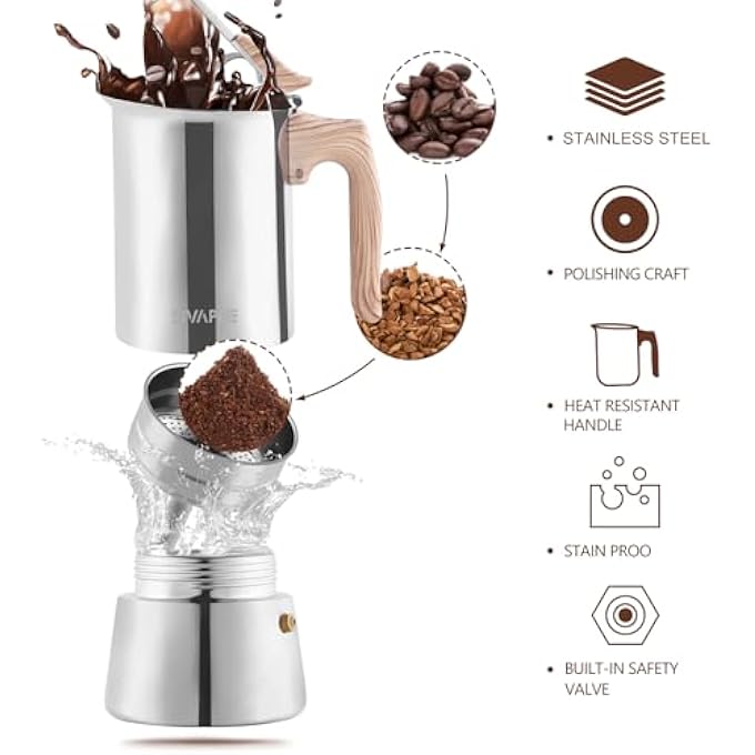 Sivaphe Stovetop Espresso Coffee Machine Maker 200Ml Induction Hob Italian Coffee Percolator Moka Pot Stainless Steel 4 Italian Cups - Image 5