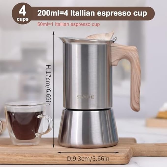 Sivaphe Stovetop Espresso Coffee Machine Maker 200Ml Induction Hob Italian Coffee Percolator Moka Pot Stainless Steel 4 Italian Cups - Image 3