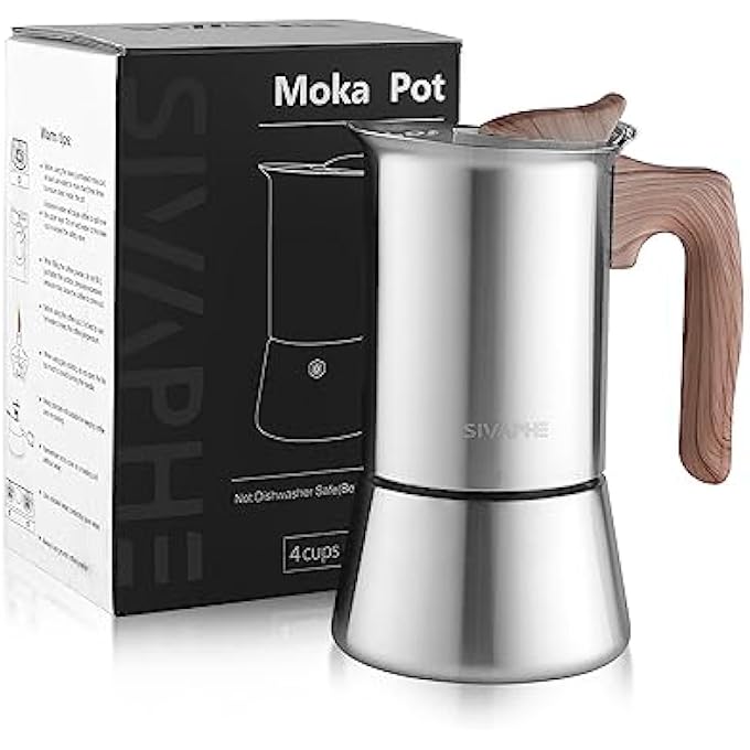 Sivaphe Stovetop Espresso Coffee Machine Maker 200Ml Induction Hob Italian Coffee Percolator Moka Pot Stainless Steel 4 Italian Cups - Image 1