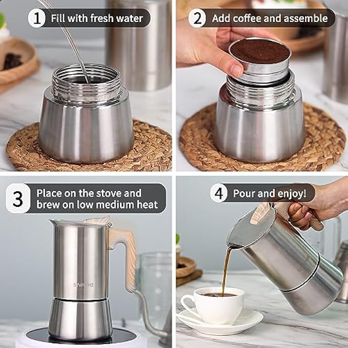 Sivaphe Stovetop Espresso Coffee Machine Maker 200Ml Induction Hob Italian Coffee Percolator Moka Pot Stainless Steel 4 Italian Cups - Image 4
