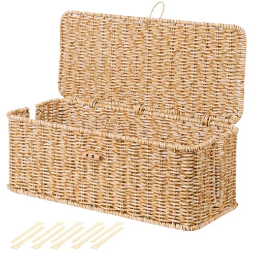 BROWNLILY Cable Management Box, Rattan Style Cord Organizer for Desk Cord Hider Outlet Covers Baby Proofing for Power Strip TV PC Router Charger Under Desk Storage with Lockable Lid and Cable Ties - Image 1