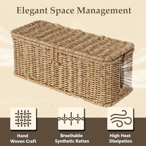 BROWNLILY Cable Management Box, Rattan Style Cord Organizer for Desk Cord Hider Outlet Covers Baby Proofing for Power Strip TV PC Router Charger Under Desk Storage with Lockable Lid and Cable Ties - Image 3