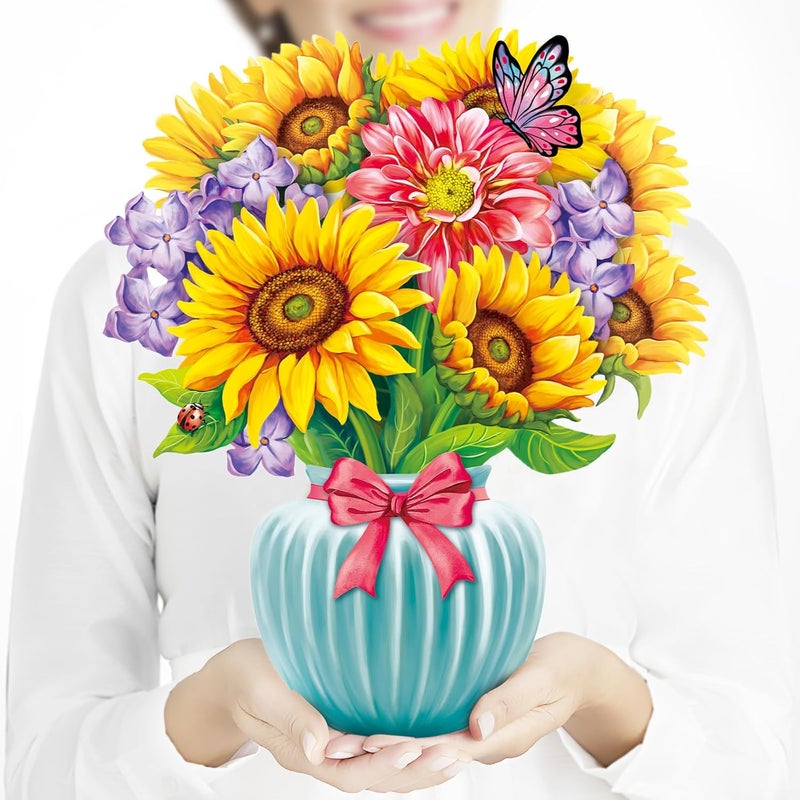 Airpark Pop Up Card Paper Flowers Bouquet, 3D Popup Greeting Cards with Note Card & Envelope, Birthday Cards Birthday Gifts Get Well Cards for Women Mom Wife, 14" Sunflowers - Image 1