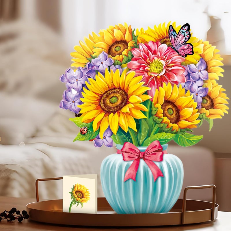 Airpark Pop Up Card Paper Flowers Bouquet, 3D Popup Greeting Cards with Note Card & Envelope, Birthday Cards Birthday Gifts Get Well Cards for Women Mom Wife, 14" Sunflowers - Image 2