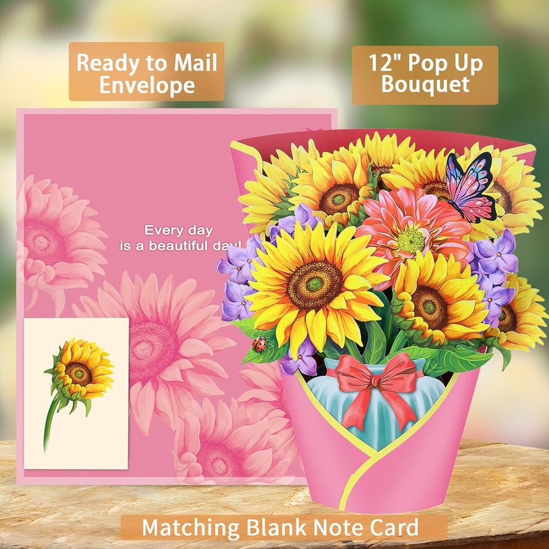Airpark Pop Up Card Paper Flowers Bouquet, 3D Popup Greeting Cards with Note Card & Envelope, Birthday Cards Birthday Gifts Get Well Cards for Women Mom Wife, 14" Sunflowers - Image 3