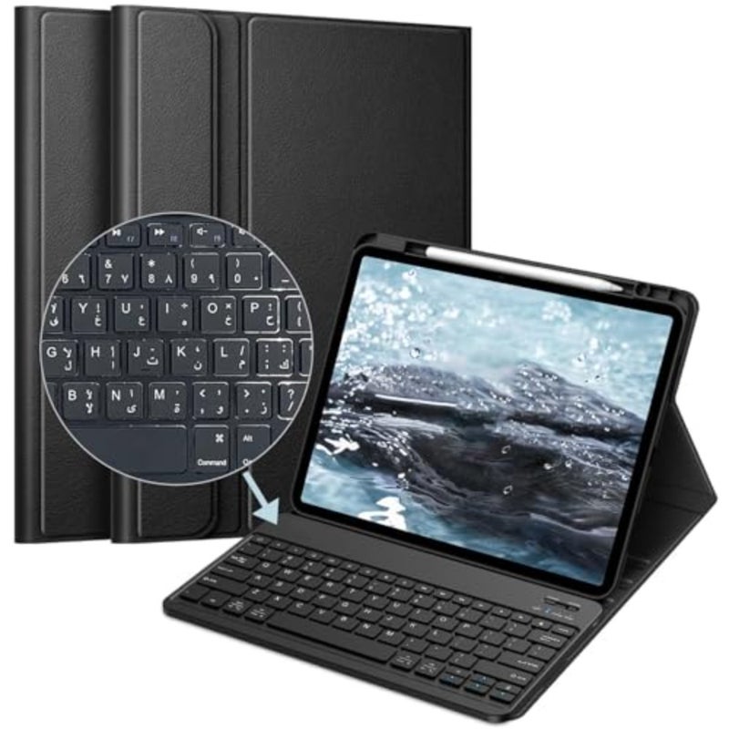 iPad 10th Gen touch keyboard case with multi-touch trackpad, magnetic detachable soft TPU back cover in black, includes pencil holder and Arabic keyboard layout - Image 1