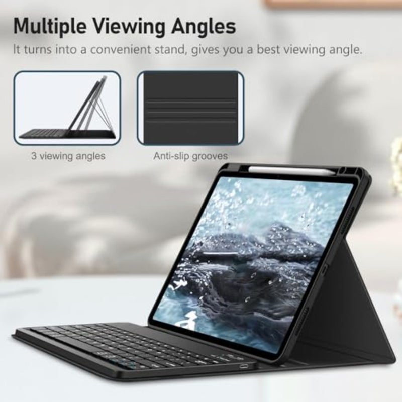 iPad 10th Gen touch keyboard case with multi-touch trackpad, magnetic detachable soft TPU back cover in black, includes pencil holder and Arabic keyboard layout - Image 2