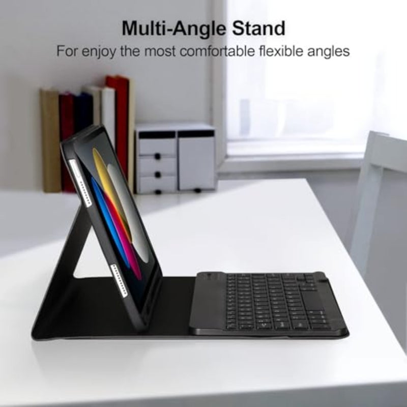 iPad 10th Gen touch keyboard case with multi-touch trackpad, magnetic detachable soft TPU back cover in black, includes pencil holder and Arabic keyboard layout - Image 5