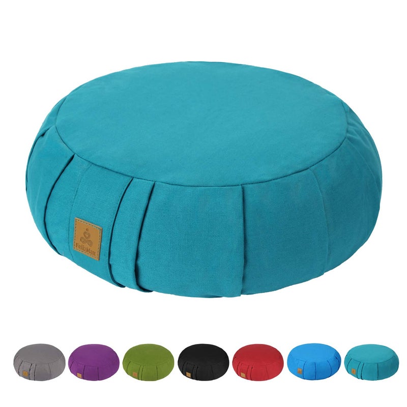 FelizMax Round Zafu Meditation Cushion D15 H55 Zabuton Meditation Pillow Yoga BolsterPillow Floor seat Zippered Organic Cotton Cover Natural Buckwheat Kneeling Pillow Cyan Blue